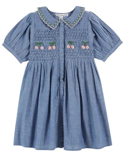 Emile & Ida - Robe brodee smocks main - Chambray (ad156a)