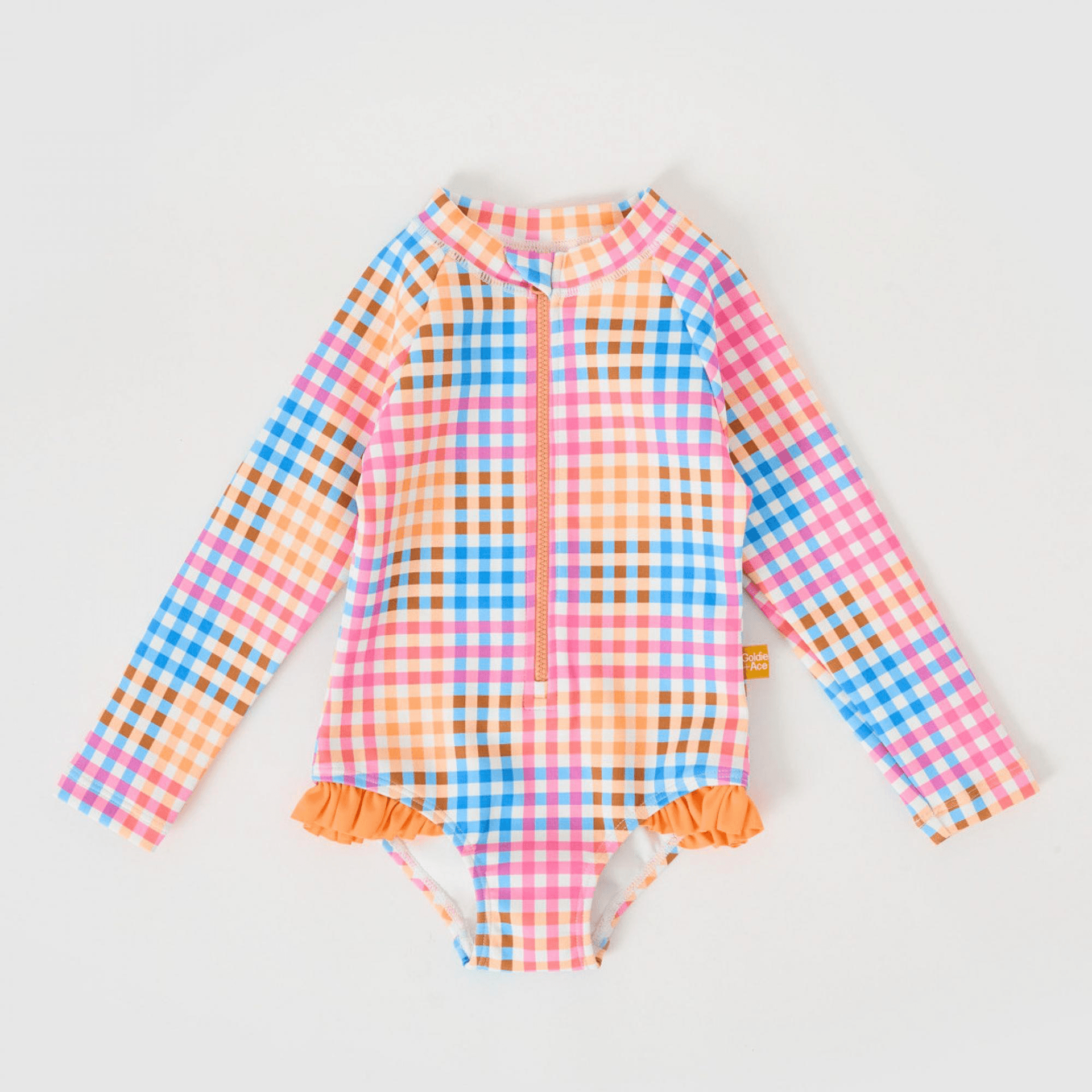 Goldie and Ace - Rainbow gingham long sleeve frill swimsuit