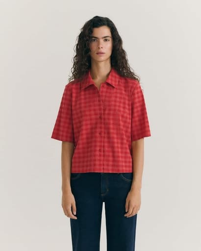 Thinking Mu - Red checks seersucker ane blouse